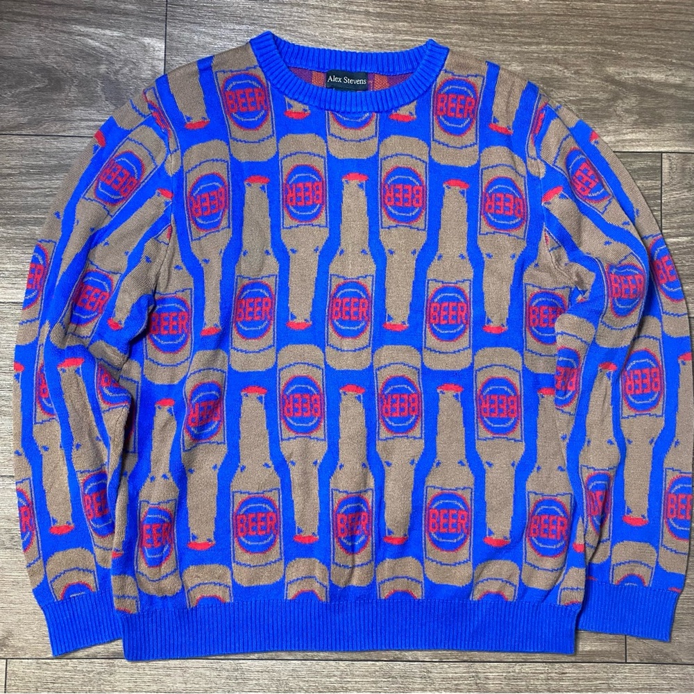 Alex Stevens Beer All Over Print Knit Large Crew Neck Men Sweater